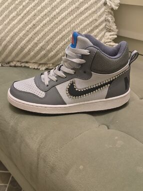 Nike Youth Gray and Black High-Top Sneakers with Rhinestone Swoosh